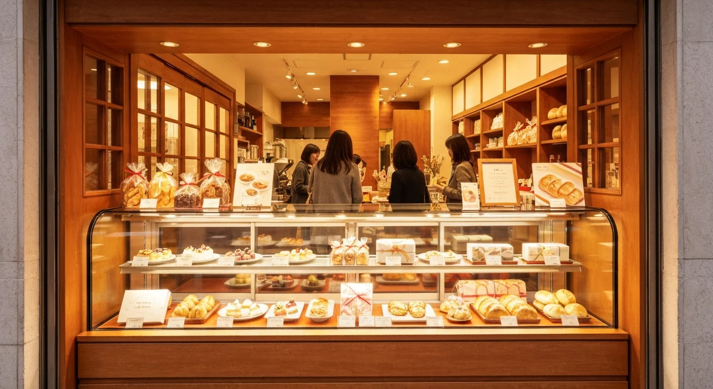 A counter with baked sweets boxes and whole cake boxes lined up on a wooden table, ready for pickup