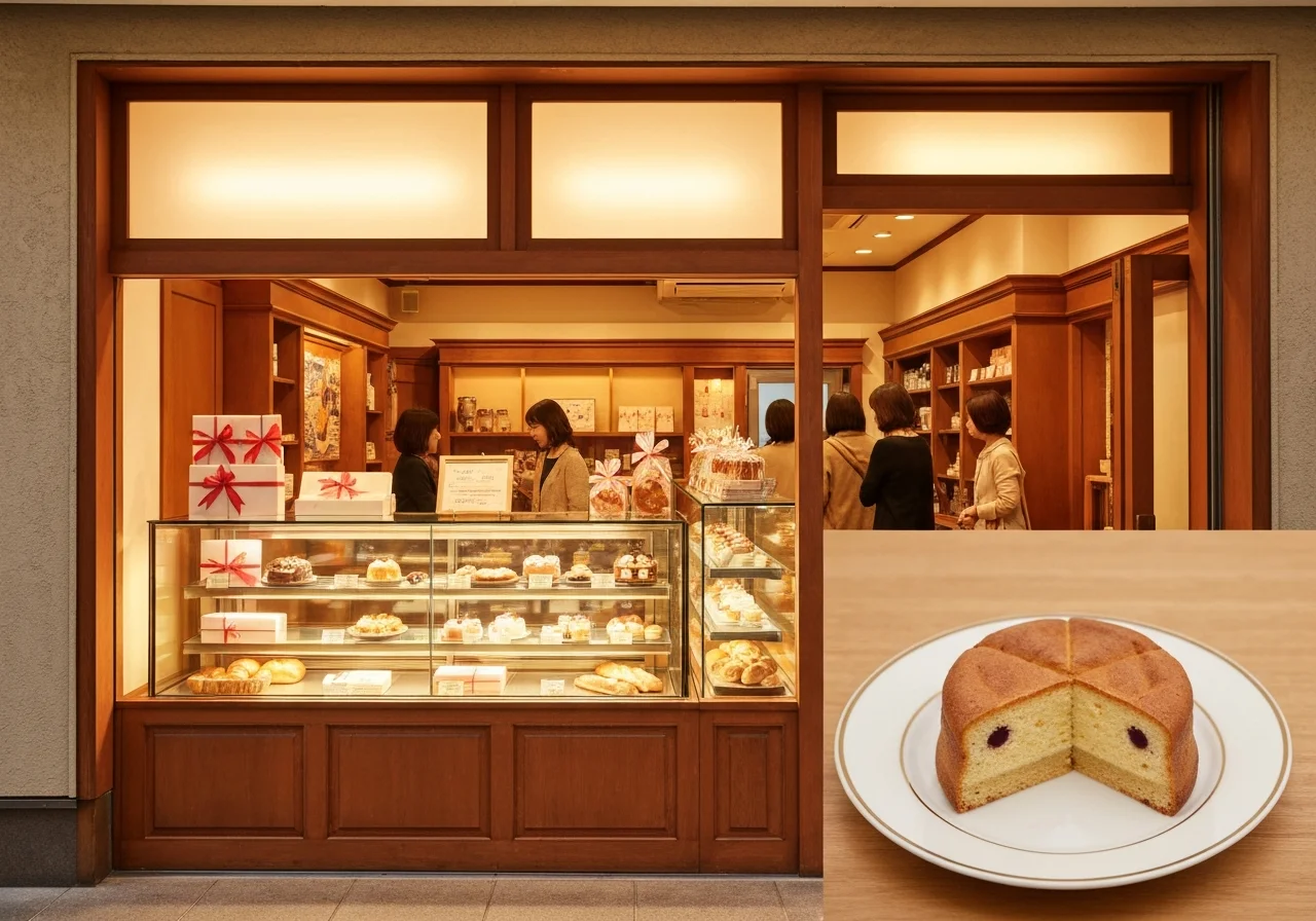 A horizontal interior photo with seasonal decorated cakes lined up in front of the showcase and baked goods shelves visible in the back
