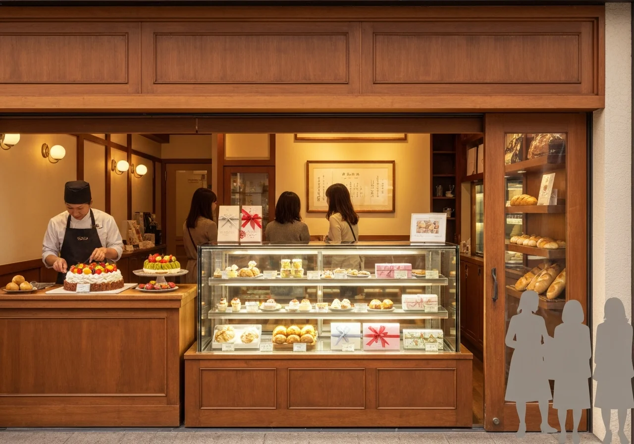 A sales area where financiers and cookie tins are lined up at even heights on wooden shelves with easy-to-read price tags