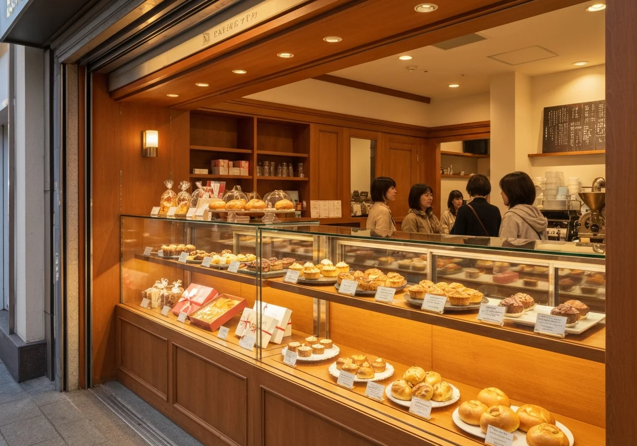 An interior photo taken at an angle of a refrigerated case displaying whole cakes and sliced cakes decorated with fruit