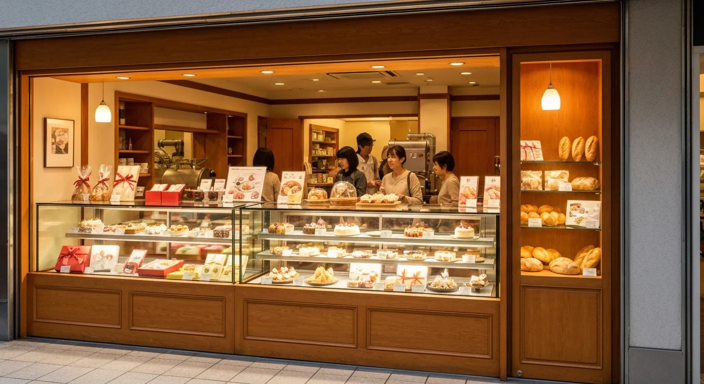 A wide view of fresh cakes such as strawberry shortcake and tarts lined up in the display case of a pastry shop, with baked sweets visible through the glass