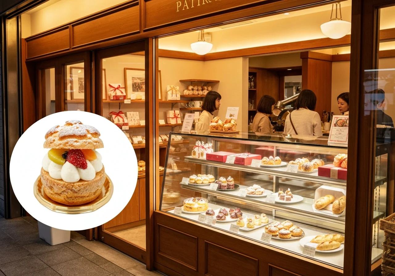 An assortment of fresh cakes, including strawberry shortcake, Mont Blanc, and fruit tart, arranged on white plates