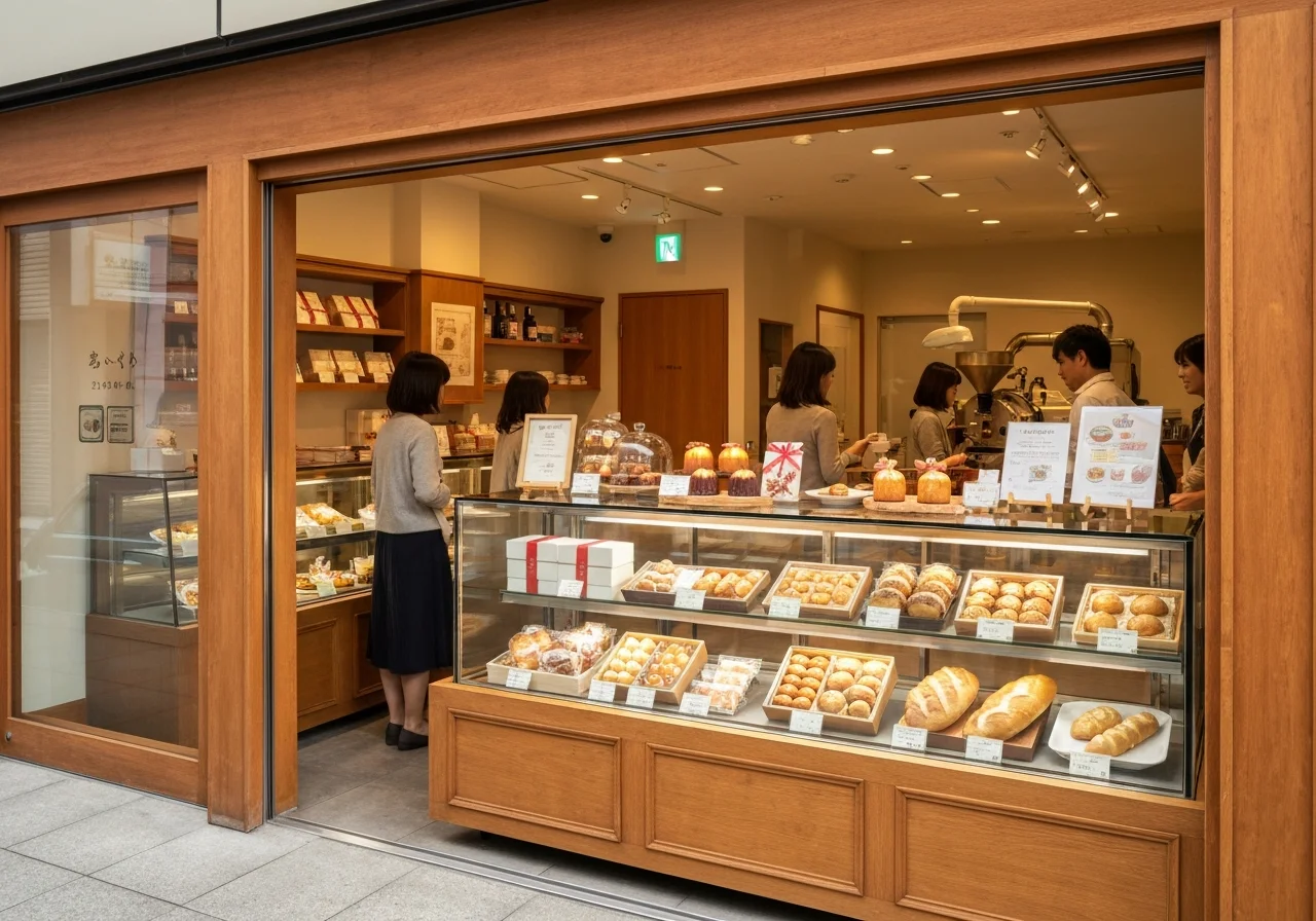 A seasonal product display with autumn cakes and baked sweets made with chestnuts and grapes arranged on a wooden platform
